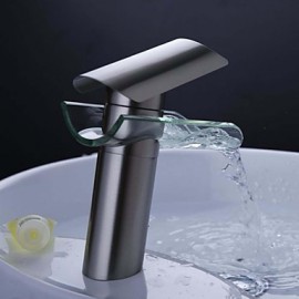 Traditionell Mittellage Wasserfall with Keramisches Ventil Einhand Ein Loch for Gebürsteter Nickel, Waschbecken Wasserhahn