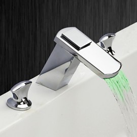 Zeitgenössisch 3-Loch-Armatur LED / Wasserfall with Keramisches Ventil Zwei Griffe Drei Löcher for Chrom, Waschbecken Wasserhahn