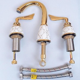 Art déco/Retro 3-Loch-Armatur Keramisches Ventil Zwei Griffe Drei Löcher with Ti-PVD Waschbecken Wasserhahn